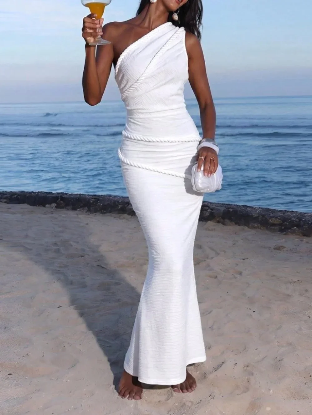 White One-Shoulder Rope Trim Mermaid Maxi Dress